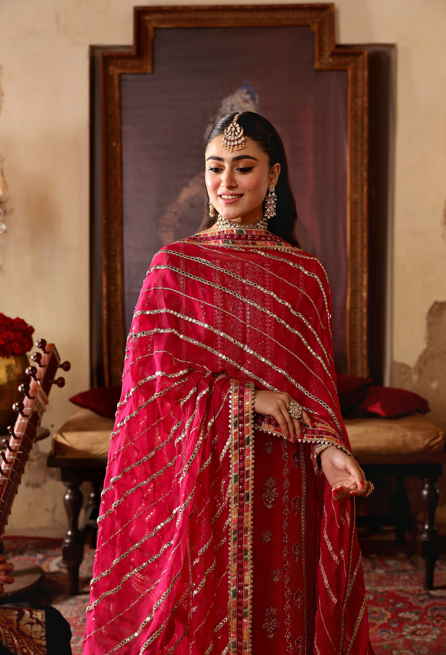 red formal dress with sleeves